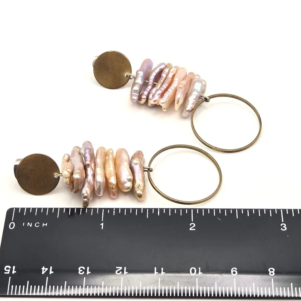 Biwa Freshwater‎ Stick Pearl Stacked Drop Earrings Brass Hoops Modern Artisan